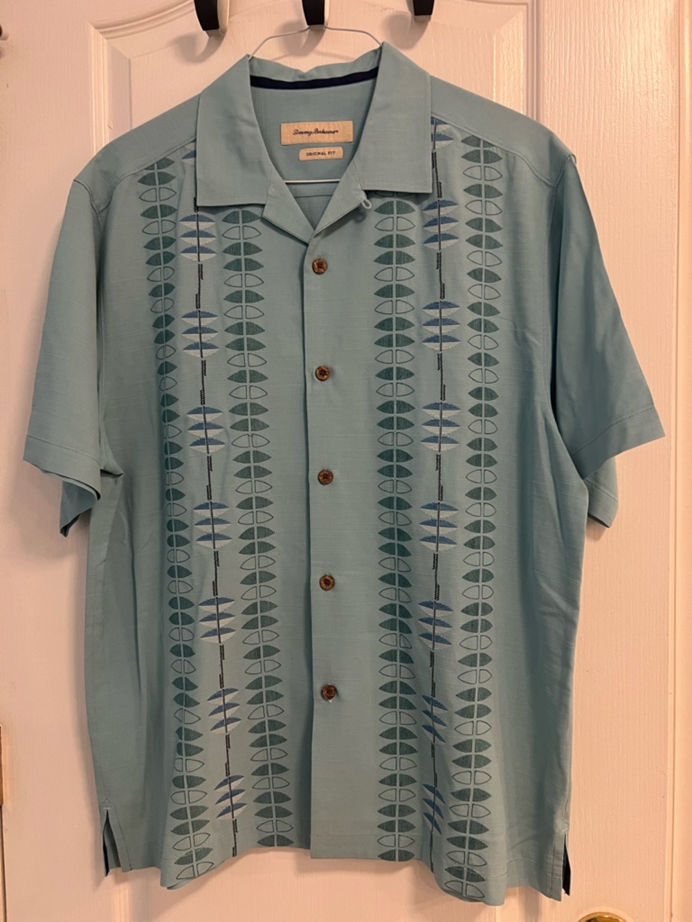 Tommy Bahama Seafoam Green Short-Sleeve Camp Shirt with Vertical Leaf Stripe